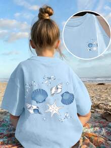 Girls' Loose Graphic T-Shirt, Hand-Painted Shell & Starfish Pattern, Bow Decor, Casual Oversized Fit, Suitable For Beach Vacation, Back To School, Summer Wear - Baby Blue - View 7