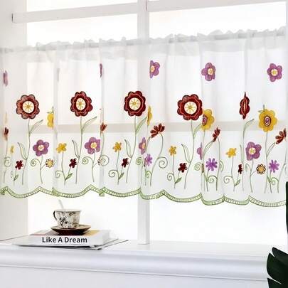 1pc American Pastoral Sheer Embroidered Balcony Window Curtain, Bedroom Half Curtain, Coffee Curtain, No Drilling Required