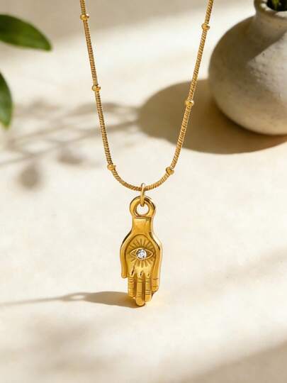 Mazuer 1件休闲18K镀金锆石眼睛和手掌不锈钢吊坠项链，适合女性日常通勤穿搭，可搭配个性化配饰（珠子和链条长度随机手工制作）