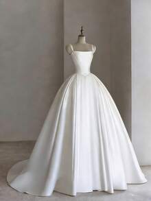 Chic Square Neck A-Line Wedding Dress With Open Back In Satin – Sophisticated Floor-Length Bridal Gown Featuring An Elegant Wide Neckline, Daring Backless Design, And Lustrous Satin Silhouette, Perfect For Weddings, Christmas Galas, Halloween Balls, Formal Dances, Birthday Celebrations, And Special Evening Events. A Versatile Choice For Wedding Receptions, Holiday Parties, Anniversary Dinners, Luxury Getaways, Black-Tie Occasions, Cocktail Gatherings, Bridal Showers, Wedding Guest Attire, Graduation Formals, Homecoming Events, And As A Modern Bridesmaid Or Statement Evening Gown. - 白色 - 查看 1