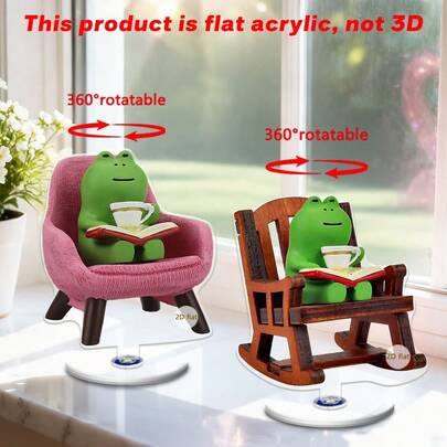 1/2pcs Acrylic Figurine Depicting A Frog Sitting On A Chair Reading A Book. This 2D Design Can Rotate 360 Degrees, Suitable For Decorating Office Desk, Tea Room, Children's Room Or Bookshelf.