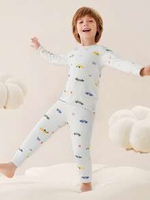 mini bala Kids Thermal Underwear Set, Soft & Antibacterial Fabric, Breathable, Cute Nordic Style Fall Winter Base Layer - Gray Blue - View 4