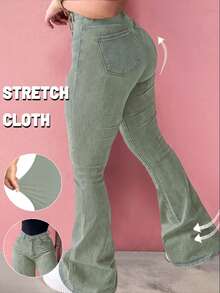 GILIPUR Y2K风格高腰喇叭牛仔裤，弹力浅绿色牛仔裤，优雅时尚休闲百搭复古街头风下装 - 綠色 - 查看 9