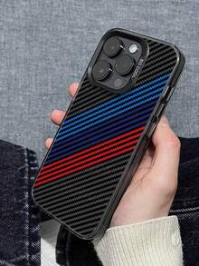 Nova Marca Criativa Série de Capas de Telefone a Laser IMD, Textura de Fibra de Carbono com Padrão de Listras Diagonais Vermelhas e Azuis, Clássica Capa de Telefone à Prova de Choque e Antiderrapante, Adequada para iPhone 17/17Air/17Pro/17ProMax, 16/16Plus/16ProMax, 15, 14, 13, 12, 11 Série - Preto - Visão 2