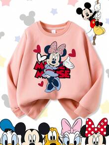 Disney Minnie Mouse Blowing Kiss Hearts Red & Black Graphic Comfortable Print Young Girls' Long Sleeve Sweatshirt, Suitable For Autumn/Winter, Lightweight And Cozy, Great For Layering In Fall, Fashionable Casual Wear, Graphic Design, Back To School Season, Autumn, Back To School Party, Suitable For Outdoor Picnic, Street Photography, Home, Campus, Holidays, New Year Gift - Pink - View 2