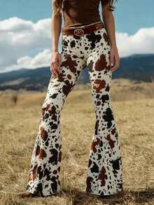 Western Fashion Denim Print Pocket Flare Pants, Casual Vacation Date Outfit Cool Girl Long Trousers Spring - Multicolor - View 9