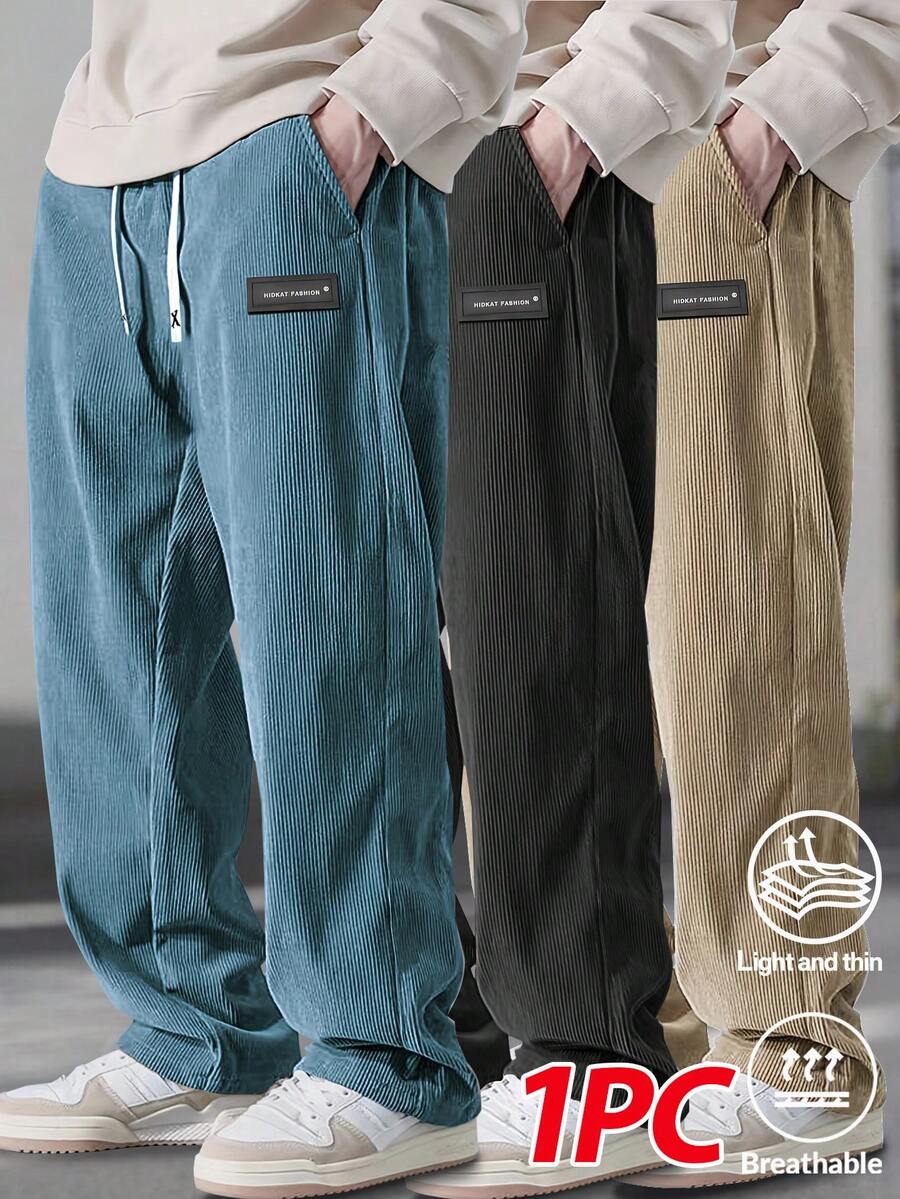 Celana Corduroy Kasual Pria, Warna Polos dengan Saku Tali Serut, Nyaman dan Bernapas, Cocok untuk Pakaian Kasual Sehari-hari dan Liburan, Musim Semi/Musim Gugur, Musim Dingin