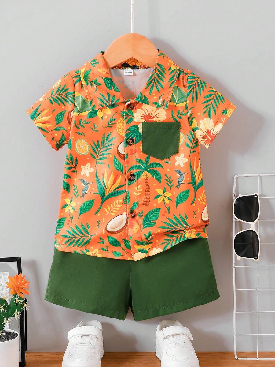 2 Stück/Set Baby Jungen Lässig Tropical Muster Kurzarm Hemd und Shorts Set, geeignet für Outdoor, Urlaub, Sport im Sommer - Grün - Übersicht 1