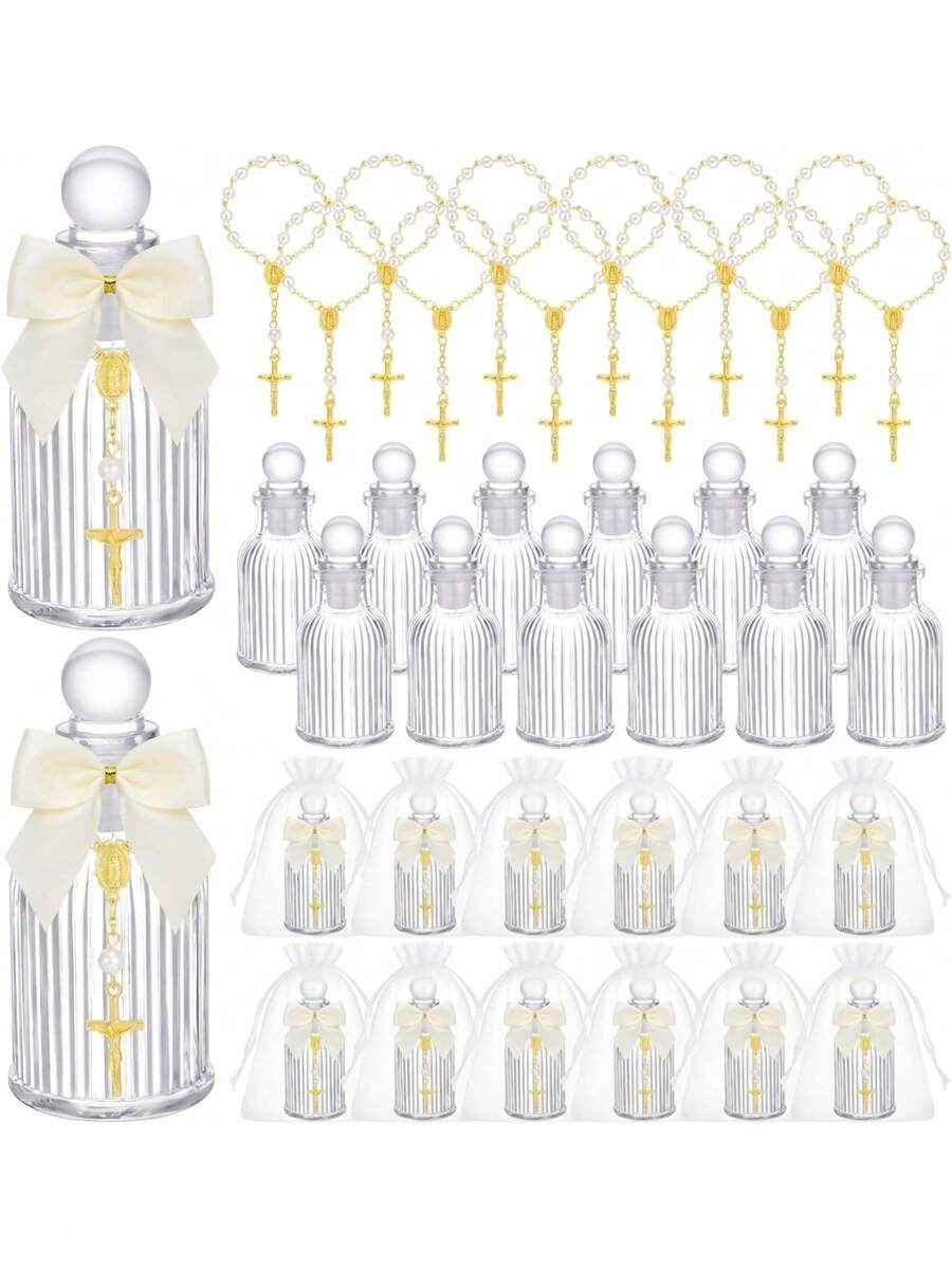 48个/12套圣水瓶，天主教洗礼小礼品瓶，带十字架和玫瑰图案，50毫升空玻璃瓶，适用于圣餐仪式、基督教教堂婚礼（经典白色） - 彩色 - 查看 1