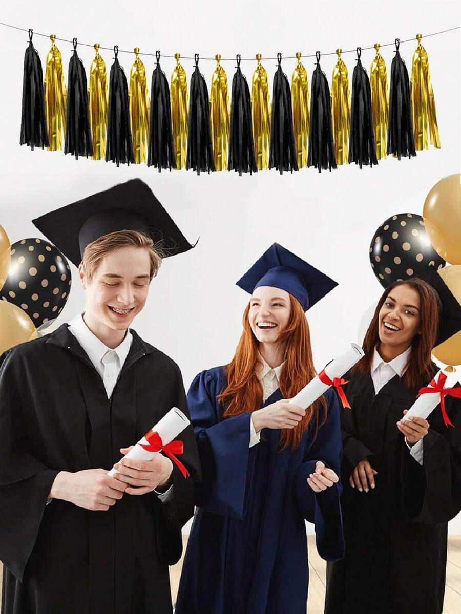 2026 Graduation Season Bestseller Black & Gold Tassel Flag Set, Student Party Photo Wall Decor, Graduation Ceremony Backdrop, Graduation Atmosphere Photography Props - Black Gold - View 1