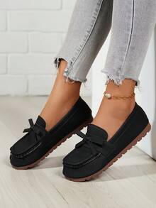 Giày lười đế bằng nữ, giày moccasin thoải mái gót thấp, giày thường ngày nhẹ nhàng đa năng cho mùa xuân/thu, kiểu buộc nơ. - màu đen - Xem 4