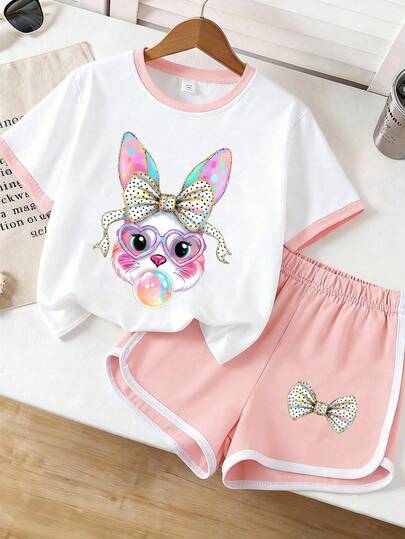 Sweet Bowknot Rabbit Bubble Print Set For Tween GirlsLoose Soft Short Sleeve Top + Shorts, Suitable For Home, Air-Conditioned Room And Outdoor Shopping