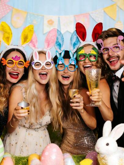 6pcs Easter Party Accessories Set, Cartoon Rabbit & Hatching Chick Pattern Glasses Frames, Paired With Colorful Rabbit Ears, Easter Costume Decorations, Spring Party Props, Photo Booth Supplies, Suitable For Easter And Spring Holiday Decorations, Photo Props, Festival Party Accessories