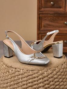 Elegant Silver Snake Skin Thick Heel Sandals, Metal Buckle Open Back Design, Slimming Effect, Versatile For Banquet And Date, High Heels - Silver - View 4