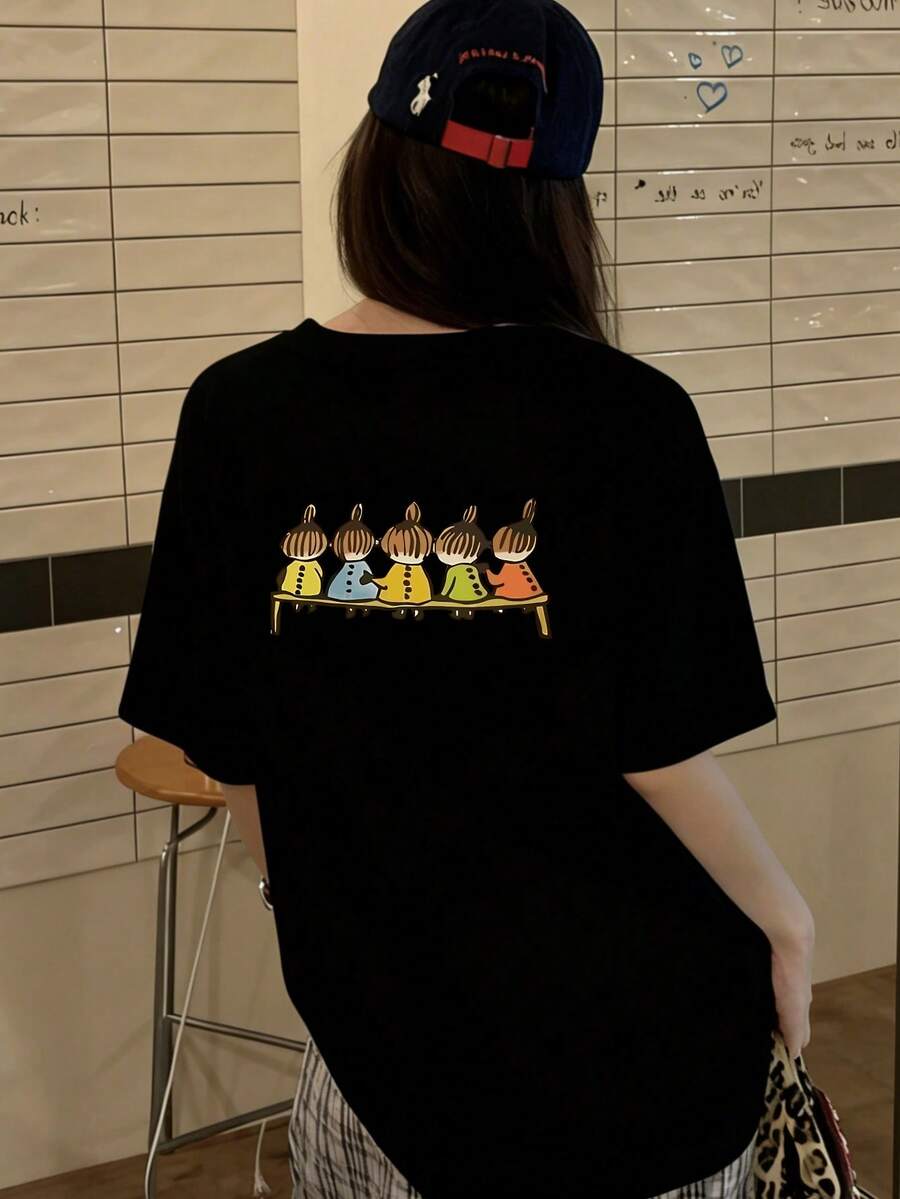 New Summer Z-Gen Y2K Style Women Funny Cartoon Print Crew Neck Short Sleeve T-Shirt - Black - View 1