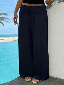 Pantalones de cintura ancha y piernas anchas plegables de lino bohemio Y2K para mujeres, pantalones Palazzo relajados de cintura baja de color sólido, pantalones de playa cómodos en verano, adecuados para el ocio diario - Azul oscuro - Ver 3