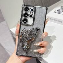 Shockproof, Transparent, Fashionable Electroplated Cushion Glitter Butterfly Stand Phone Case For Samsung Galaxy S26/S22/23/24/25/S24 FE/S25 EDGE, A04/05/06/A07/A14/A15/A16/A17/A24/A25/A34, Note 9/10/11/12/13, 9/10/12/13C 14C, MOTO, Honor X, HW, RENO C53 C55 C61 C63 C75,International Version, Not The Domestic Version - Silver - View 2