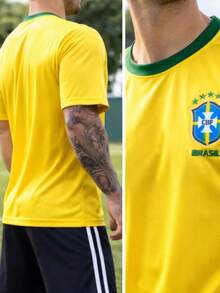 Men's World Cup Sports T-Shirt, Yellow, Green Collar, Soccer, Training, Performance, Breathable, Lightweight, Quick-Drying, Comfortable, Athlete, Field, Gym, Casual, Dynamic, Micro-Perforated - 黃色 - 查看 4