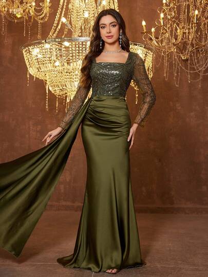  UNITHORSE Women's Square Neck Long Sleeve Sequin Patchwork Satin Evening Dress Spring