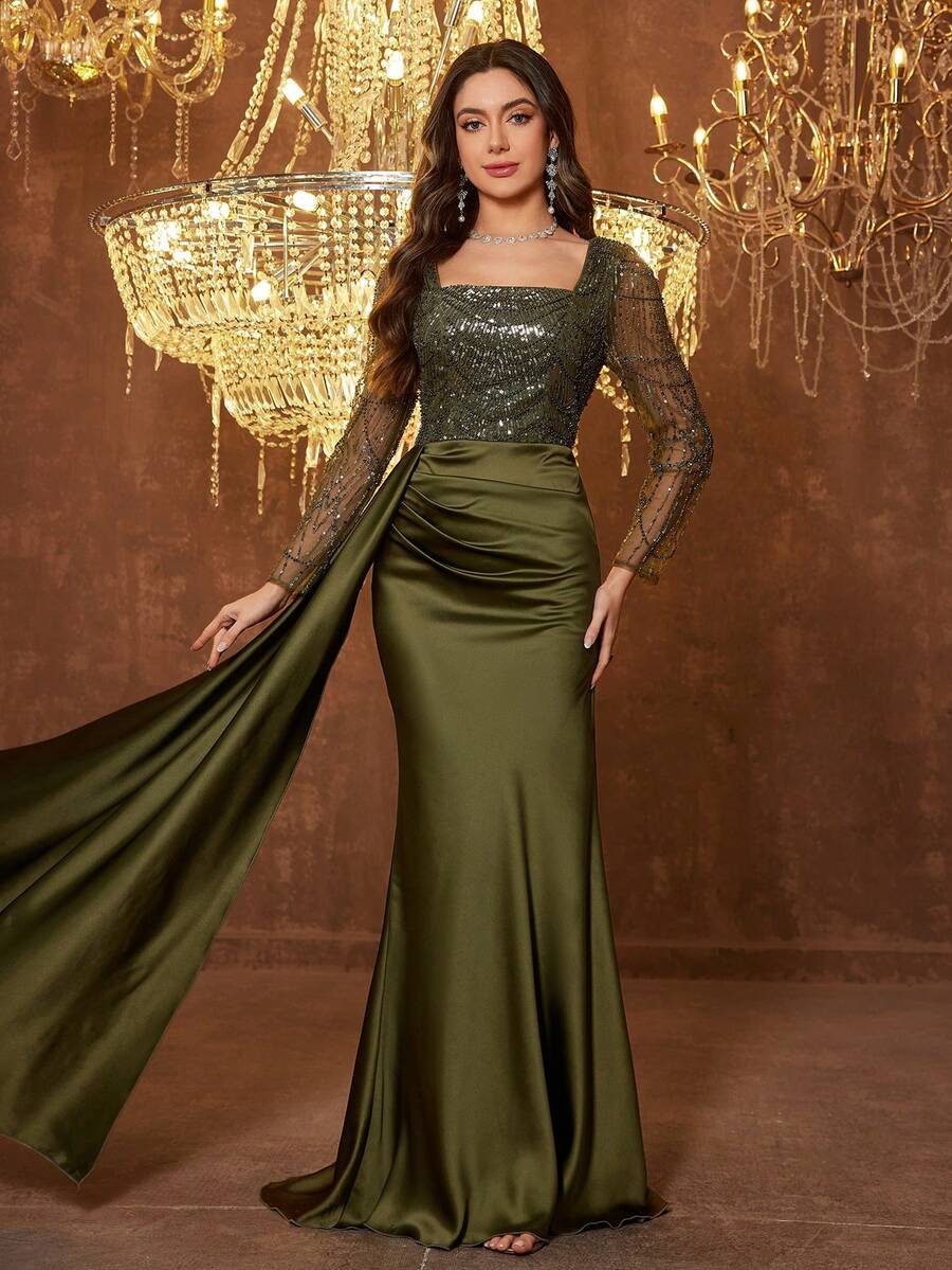 UNITHORSE Women's Square Neck Long Sleeve Sequin Patchwork Satin Evening Dress - Olive Green - View 1