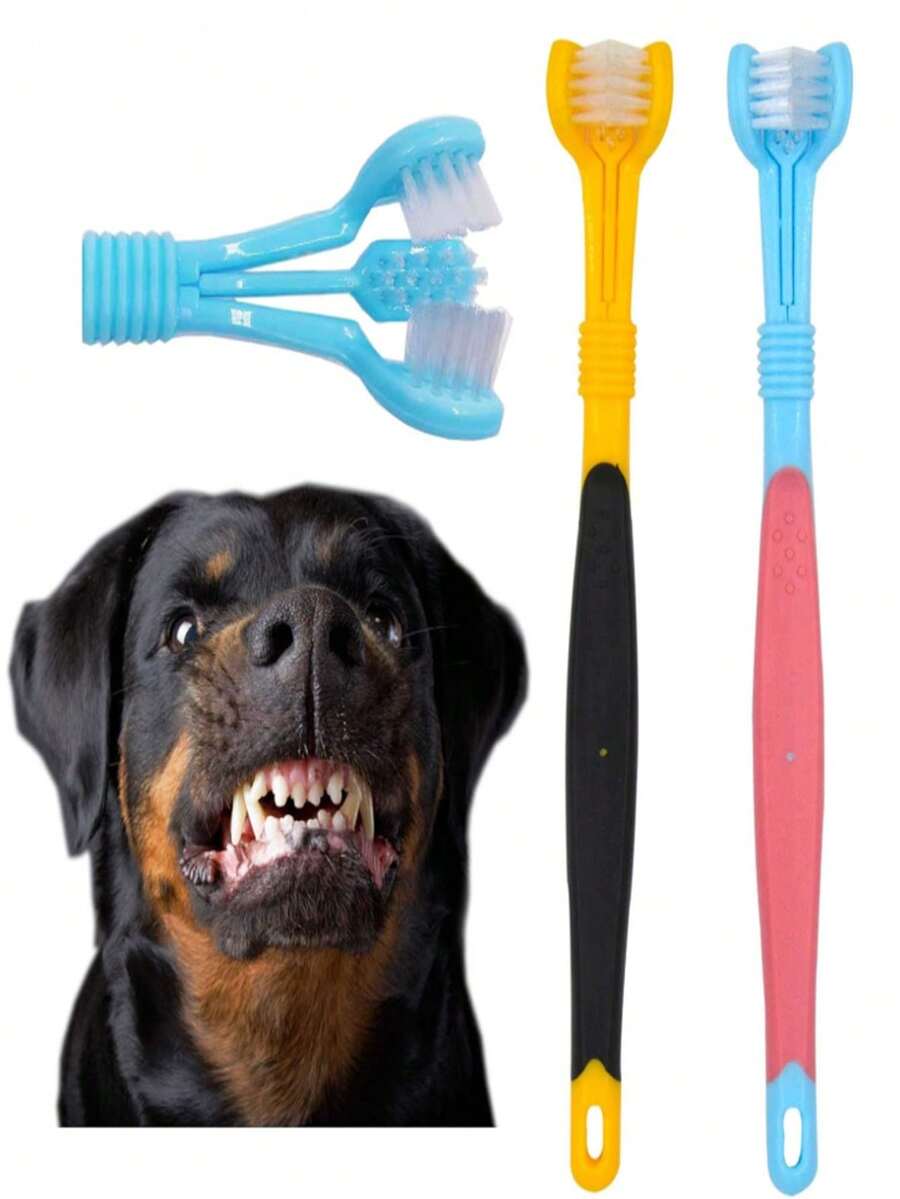 3pcs Pet Dog & Cat Toothbrush Set, Small Dog Toothbrush, Pet Finger Toothbrush, Pet Teeth Cleaning Toys, 3-Sided Pet Toothbrush Cleaning TPR Set - Multicolor - View 1