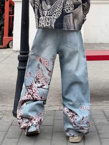 1pc Korean Streetwear Style Men's Digital Print Loose Comfortable Wide-Leg Jeans, Versatile Denim Pants For All Seasons (Belt And Accessories Not Included) - Light Wash - View 8