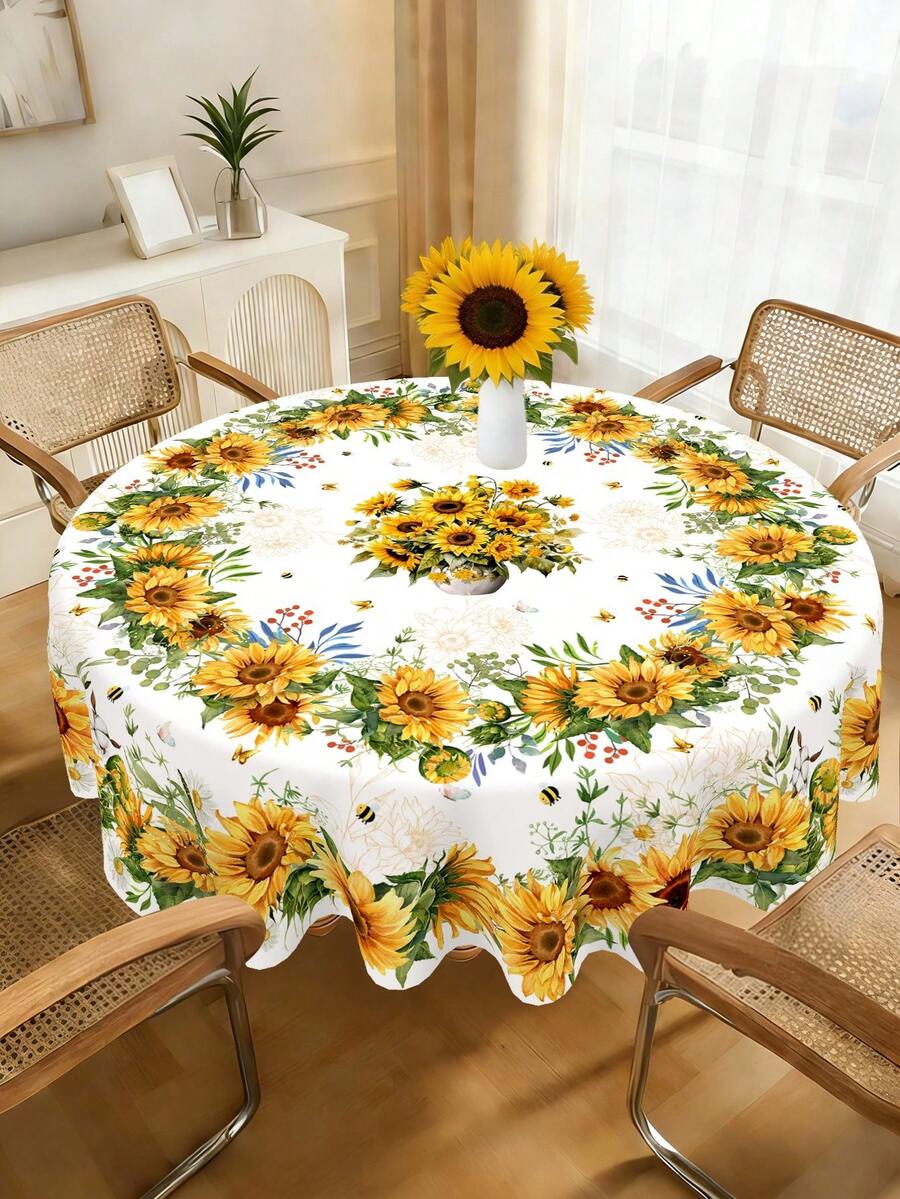 1 pieza Mantel con diseño de girasol, mantel redondo o rectangular de poliéster con estampado floral y de abeja amarillo girasol de primavera/verano, 2 opciones de tamaño, mantel duradero de estilo rústico para decoración de mesa de cocina y comedor en el hogar, adecuado para fiestas de primavera/verano, picnics, cenas, cumpleaños, decoración de bodas