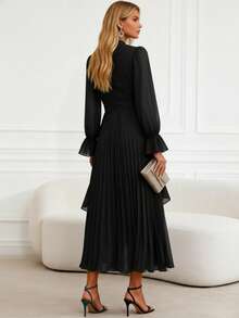 Elegant Solid Color Ruffled Asymmetric/Asymmetrical Multi-Tier Formal Evening Gown - Black - View 5