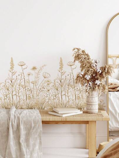 1pc Removable Light-Colored Golden Floral Wall Decal, Suitable For Bedroom, Living Room Decoration