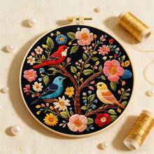 Colorful Floral Tree & Bird Embroidery Kit, Round DIY Cross Stitch Kit With Plant & Animal Patterns On Black Background, Includes Needles & Threads, Beginner Friendly, Home Wall Decor - Multicolor - View 5