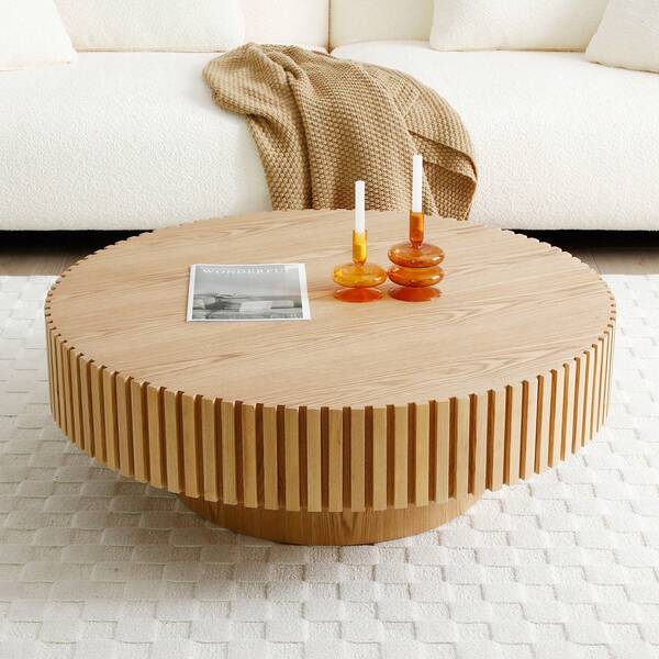 31.49" Round Coffee Table Wood, Modern Unique Circle Coffee Table, Contemporary Drum Fluted Coffee Table Accent End Side Table Center Table For Living Room, Small Space, Apartment