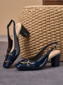 Sandali con tacco largo a punta quadrata blu navy, design con fibbia e senza tallone, snellenti, tacchi alti versatili per pendolarismo, appuntamenti, abbinati a pantaloni sigaretta, abiti vita stretta, adatti per appuntamenti o piccoli eventi - Blu reale - Visualizzare 6