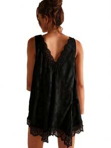 Women Summer Casual Sleeveless Vest Stylish V Neck Floral Lace Trimmed Tops - 黑色 - 查看 4