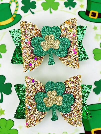 2pcs St. Patrick's Day Clover Hair Clips, Shiny Sequin Hair Clips, Green Girls Hair Clips, Casual Fashion Bow Hair Clips, St. Patrick's Day Clover Hair Accessories