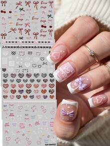 4pcs Sweet & Cool Girl Heart & Bow Tie Series Embossed Nail Art Stickers - Dopamine Colorful Leopard Print Heart, Bow Tie, Lace Trim, English Letters DIY Design, Suitable For Women's Daily, Wedding, Holiday One-Time Self-Adhesive Nail Decals, Cartoon & Sweet Theme, Easy To Apply Nail Decorations Nails - Multicolor - View 2