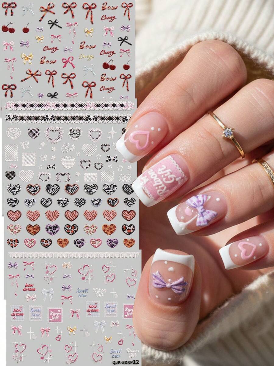 4pcs Sweet & Cool Girl Heart & Bow Tie Series Embossed Nail Art Stickers - Dopamine Colorful Leopard Print Heart, Bow Tie, Lace Trim, English Letters DIY Design, Suitable For Women's Daily, Wedding, Holiday One-Time Self-Adhesive Nail Decals, Cartoon & Sweet Theme, Easy To Apply Nail Decorations Nails