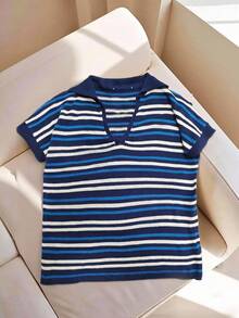 Striped Collar Elegant Casual Vacation V-Neck T-Shirt, Suitable For Beach, Daily, Street, Commute - Blue - View 8