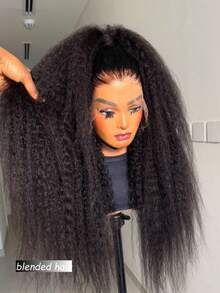 34 Inch Kinky Straight Lace Front Wigs Human Blended Hair, 180% Density Yaki Straight 13x4 Lace Frontal Wig Brazilian Human Blended Hair Wigs For Women Pre Plucked With Baby Hair Natural Black - Natural & Black - View 3