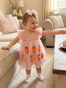 Conjunto de 2 piezas de ropa de Pascua para niñas pequeñas, con estampado de zanahoria y estrellas, manga voladora, vestido de malla y diadema con lazo - Rosa - Ver 5