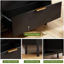 Mesita de noche moderna acanalada con 3 cajones, mesita de noche compacta de madera negra con espacio de almacenamiento, mesa auxiliar minimalista para dormitorio, sala de estar, dormitorio, apartamento. - Negro - Ver 4