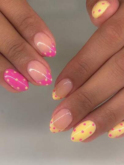 24pcs Short Oval Polka Dot Nails Design French Acrylic Press On Nails Short Perfect Fit False Nail Set, Include: 1pc Jelly Glue And 1pc Nail File, Polka Dot Nails Short Make Your Fingertips Shine And Beautiful,Very Suitable For Parties, Dancing And Daily Use