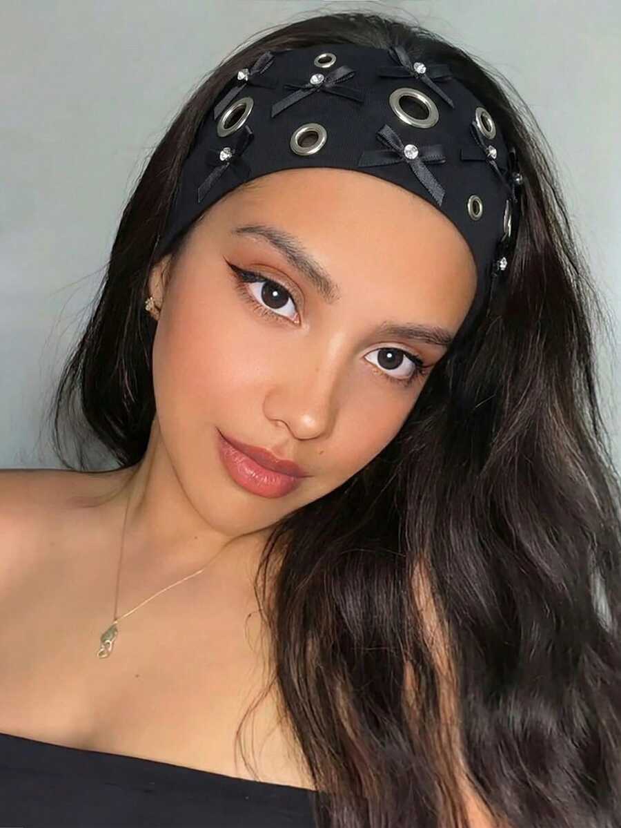 1件装时尚朋克风发箍，哥特式发饰，柔软防滑弹力镂空蝴蝶结水钻装饰，适合海滩、度假、瑜伽、日常佩戴的时尚发带 - 黑色鑽石 - 查看 1