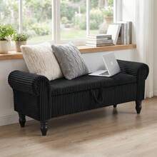 51.5 Inch Storage Bench For Bedroom End Of Bed, Bedroom Bench Mid-Century Upholstered Bed Bench With Rolled Armed, Ottoman Storage, Bench With Storage For Bedroom, Bedroom Essentials - Black-corduroy - View 7