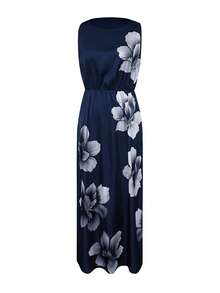 1pc Women's Floral Print Elegant Woven Fabric Slit Sleeveless Dress, Graceful Style, Spring/Summer - Royal Blue - View 3