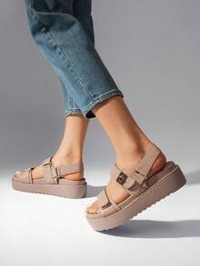 Sandalias de Cuña para Mujer Plataforma Cómoda Punta Redonda con Correas Ajustables Verano - Albaricoque - Ver 3