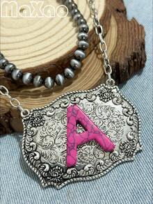 Women's Vintage European & American Bohemian Style Rose Red Turquoise English Initial Double Layer Necklace, 18-Inch Pearl + 20-Inch Rectangular Alloy Pendant, Suitable For Daily Wear, Dates, Theme Parties, You Will Get Many Compliments From Friends When Wearing It - Hot Pink - View 5