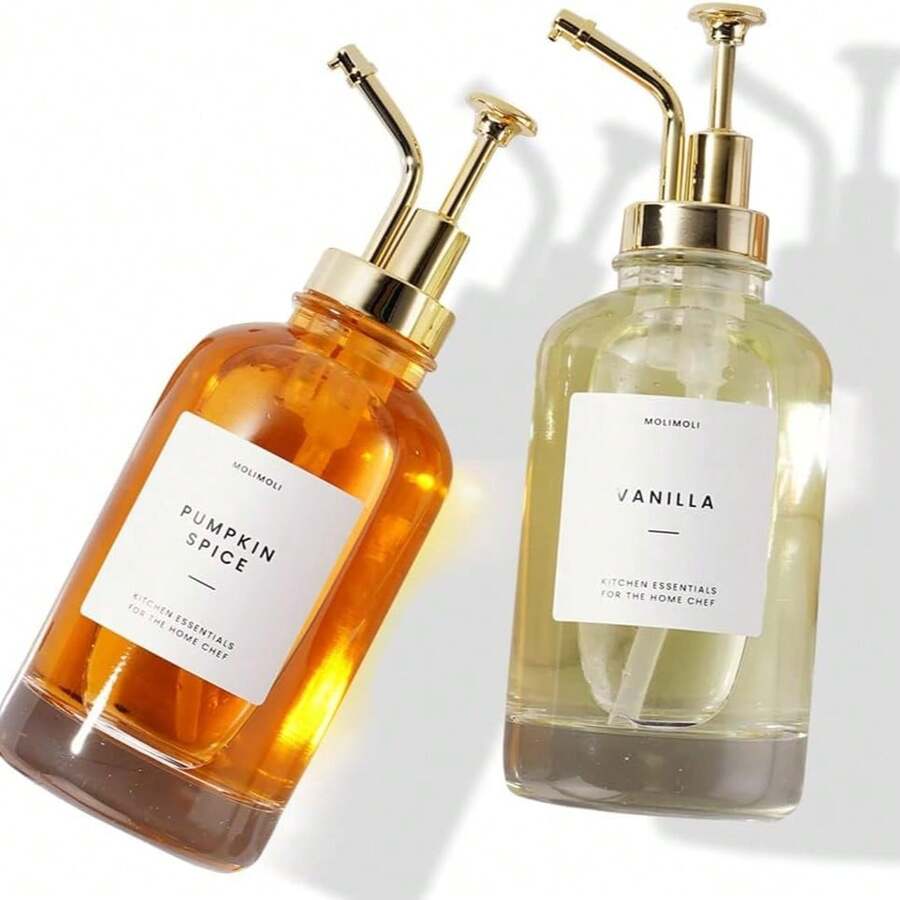 2PCS Syrup Dispenser For Coffee Bars, Glass Syrup Bottle W. Pump, 16.9 Oz 500 Ml, Gold Upgraded Dispenser - Multicolor - View 1