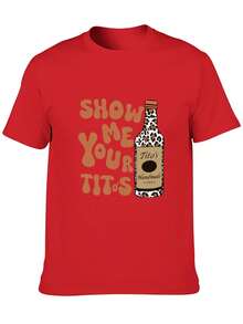 Men's Casual Short-Sleeve T-Shirt, "Show Me Your Titos" Text Pattern Top, Casual Style, 100% Cotton Top, Fashion Summer Short-Sleeve T-Shirt, Heat Transfer Print Design, Couple Outfit, Perfect Valentine's Day Gift, Couple Printed T-Shirt, Vodka Enthusiast Printed Shirt, Men's Printed T-Shirt. - 紅色 - 查看 2