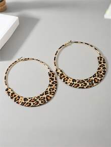 1 par de pendientes de aro colgantes redondos de metal con estampado de leopardo al estilo europeo y americano, adecuados para uso diario, citas, fiestas, con patrón de estampado de leopardo aleatorio - Multicolor - Ver 4