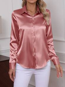 Plus Size Elegant Poplin Shirt For Women, Classic Solid Color Soft & Comfortable Single-Breasted Long Sleeve Blouse, 2025 Autumn/Winter New Women's Clothing Tops Spring - Coral Pink - View 2
